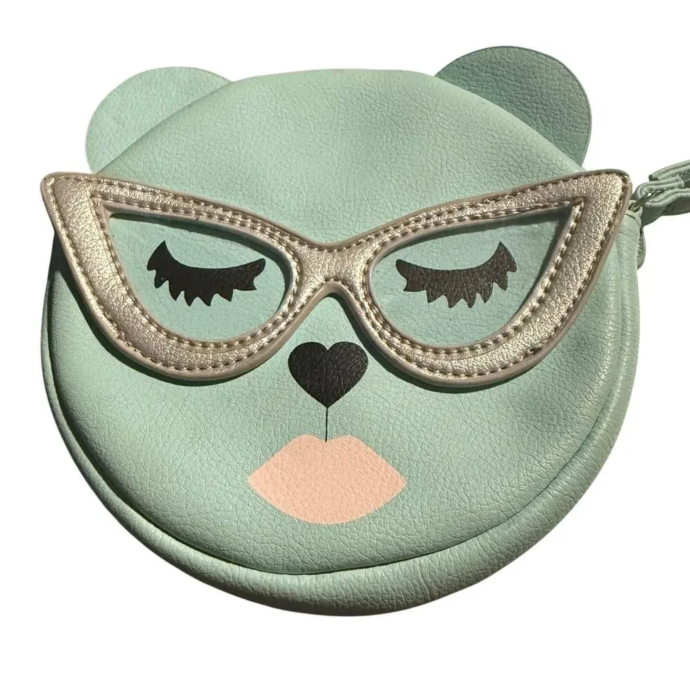 Betsey Johnson Mint Ice Blue Sleepy Bear Cat Eye Glasses Wristlet Purse